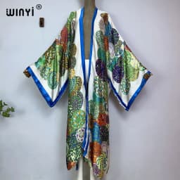 WINYI 2022 Summer Women Cardigan Stitch Cocktail Sexy Boho Maxi African Holiday Batwing Sleeve Silk Feeling Robe Kimono Kaftan