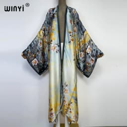WINYI 2022 Summer Women Cardigan Stitch Cocktail Sexy Boho Maxi African Holiday Batwing Sleeve Silk Feeling Robe Kimono Kaftan