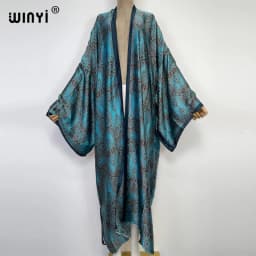 WINYI 2022 Summer Women Cardigan Stitch Cocktail Sexy Boho Maxi African Holiday Batwing Sleeve Silk Feeling Robe Kimono Kaftan