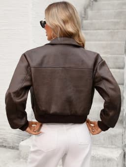 Ailegogo New Women Vintage Short Faux Leather Jacket Zipper Pocket Turn-down Collar Elastic Hem Coat Outwear