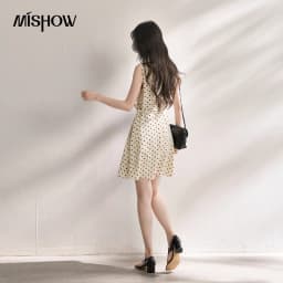 MISHOW 2026 Summer New Women Retro Polka Dot Dress Sleeveless Waist Belt Slim A-Line Party Gentle Mini Dress Apricot MXF22L2610