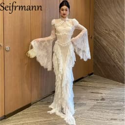 Seifrmann Spliced lace embroidered backless dress stand-up collar long-sleeved waist elegant dress 2026 summer new style