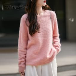 WinvyNee Women's Clothing Brushed Wool O Neck Pink Causal Sweaters Soft Solid Knitted Tops Pullovers Jumpers Winter A1713001