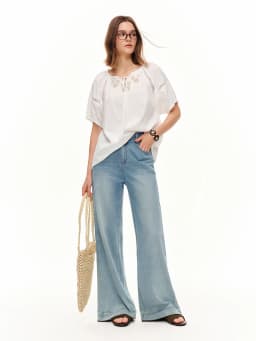DUSHU 2026 Summer Women Embroidered Puff Sleeve Linen Cotton Blouse Relaxed Fit Button Top Office Chic Daily Essential Style