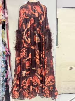 Retro Spring Women's New Stand-Up Collar Printed Bat Sleeve Feather Stitching Loose Cloak Dress Elegant Fashion Dress