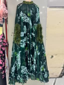 Retro Spring Women's New Stand-Up Collar Printed Bat Sleeve Feather Stitching Loose Cloak Dress Elegant Fashion Dress