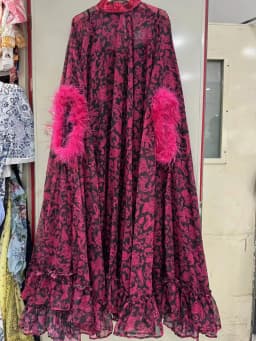 Retro Spring Women's New Stand-Up Collar Printed Bat Sleeve Feather Stitching Loose Cloak Dress Elegant Fashion Dress