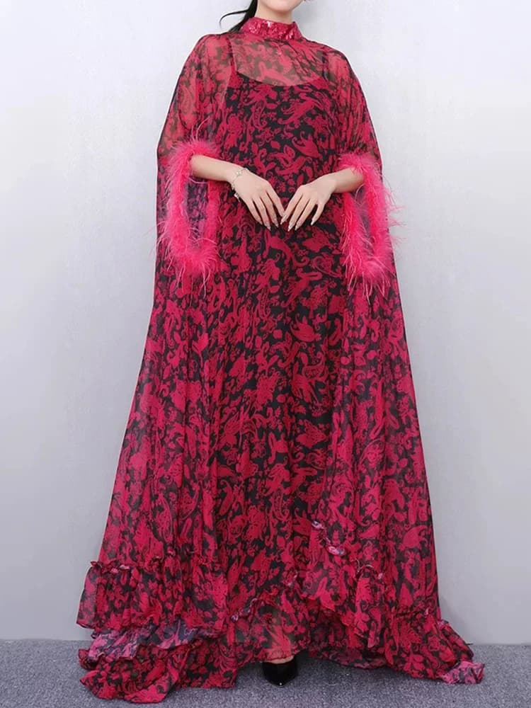 Retro Spring Women's New Stand-Up Collar Printed Bat Sleeve Feather Stitching Loose Cloak Dress Elegant Fashion Dress