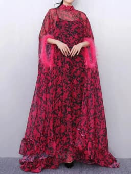 Retro Spring Women's New Stand-Up Collar Printed Bat Sleeve Feather Stitching Loose Cloak Dress Elegant Fashion Dress