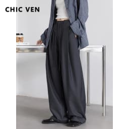 CHIC VEN Women Pants Solid Loose Casual Wide Leg Pant Drawstring Pleated Female Suit Trousers Office Ladies Sping Autumn 2025