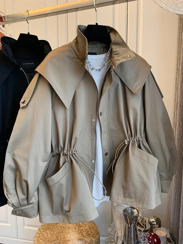 Aynaray 2026 Women Oversized Hooded Short Trench Jacket Solid Waist Drawstring Outerwear Windbreaker Utility Jacket Hoodies Coat