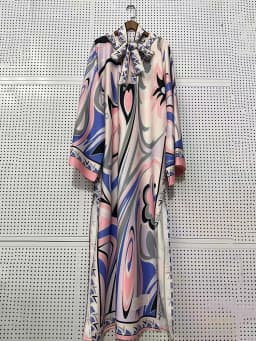 Designer style women's clothing, retro, geometric, positioning print, pullover dress, fashionable, loose, plus-size, slit skirt