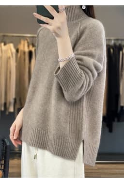 Women's High-Necked Cashmere Sweater 100% Soft Wool Thickened Lazy Raglan Sweater with Slit for Autumn Winter Comfortable Waxy W