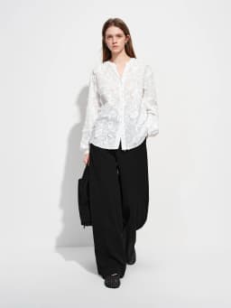 FSLE 2026 New Spring Summer Women's 3D Jacquard Round V-Neck Blouse Long Sleeve Office Shirt for Quiet Minimalist Commute Top