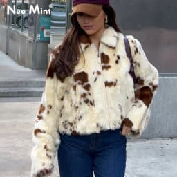 Neo Mint Chic Street Girls Cow Print Fur Coat Women 2025 Winter New Brand Fashion Warm Faux Fur Jacket Autumn Iconic Streetwear