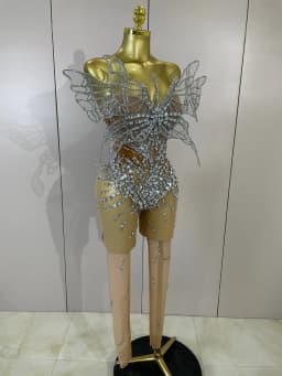 Sexy 3D Butterfly Strapless Mesh See Through Jumpsuit Sparkly Silver Diamond Eveing Party Birthday Bar Nightclub Stage Costumes