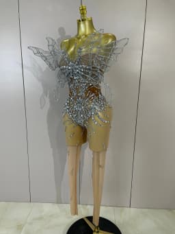 Sexy 3D Butterfly Strapless Mesh See Through Jumpsuit Sparkly Silver Diamond Eveing Party Birthday Bar Nightclub Stage Costumes
