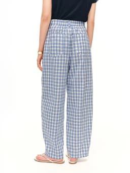 DUSHU 2026 Summer Women's Blue Plaid Barrel Leg Pants Relaxed Straight Fit - Casual Everyday Style for Summer Wear