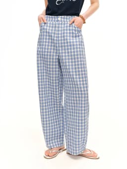 DUSHU 2026 Summer Women's Blue Plaid Barrel Leg Pants Relaxed Straight Fit - Casual Everyday Style for Summer Wear