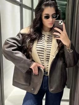 HH Female Autumn Vintage Faux Leather Fleece Jackets Long Sleeves Lapel Single Breasted Pockets Coats Winter Casual Outerwear