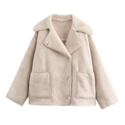 HH Female Autumn Vintage Faux Leather Fleece Jackets Long Sleeves Lapel Single Breasted Pockets Coats Winter Casual Outerwear