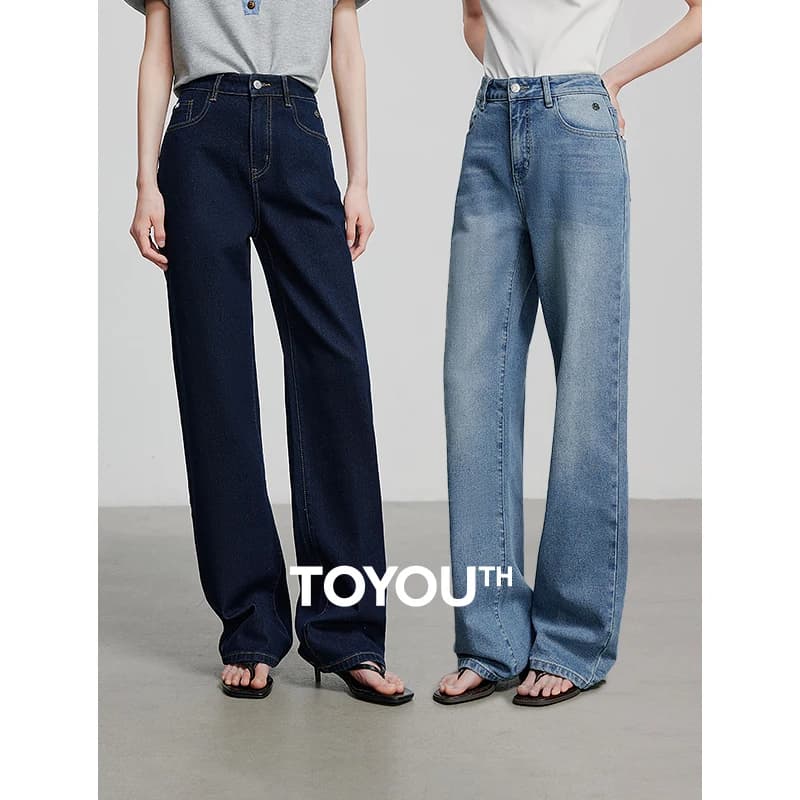 TOYOUTH Women Denim Jeans 2025 Spring New Fashionable Embroidered Mid Wasit Versatile Wide Leg Pants