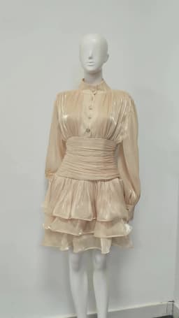 VGH Elegant Pink High Neck Organza Fabric Mini Dresses for Women Puff Sleevs Ruched Waist Tiered Ruffles for Cocktail Parties