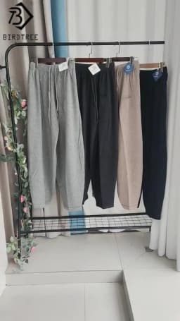 Birdtree 100% Sheep Wool Knitted Drawstring Cocoon Pants,Women Elastic Waist Pocket Trousers, 2025 Autumn Lantern Pants T59732JF