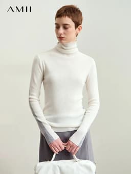 Amii Women Sweaters 2024 Winter Minimalism Long Sleeve High Neck Slim Soft Knit Tops Jumper Patchwork Sweater Clothing 12414019