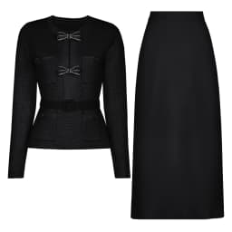 High Quality Spring And Autumn New Style Bright Silk Nail Bead Bow Belt Top Knitted Cardigan+half Skirt Slim Fit Women's Set