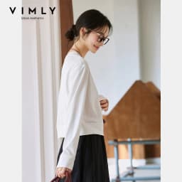 VIMLY Women's Cotton White Tees 2026 Spring Round Neck Pullover Long Sleeve T-shirt Casual Loose Tops for Woman Clothes A0712