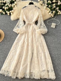 Spring Autumn European American Stand Up Collar Single Breasted Lace Dress Women Elegant Embroidery Large Swing Long Dress C205