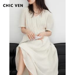 CHIC VEN Fashion Women Dresses Vintage V-neck Puff Sleeve Long Dress Solid White Loose Female Clothing Summer New 2026