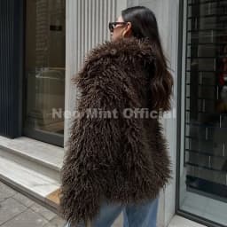 Neo Mint 2025 Winter Lulicore Fashion Brown Faux Fur Coat Women Chic Autumn Warm Fluffy Sheep Fur Jacket Big Fur Collar Overcoat