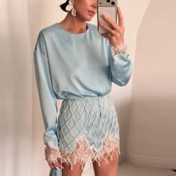 Fashion Solid Color Satin Pearl Mesh Two Piece Set Trendy Long Sleeve Lace Trim Top Fringe Mini Skirt Woman Party Bridal Outfit