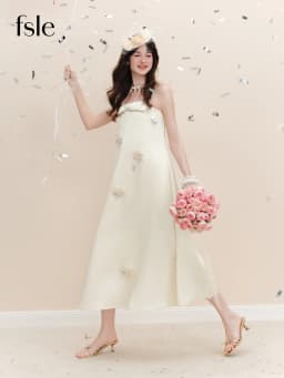 FSLE【L'amour Series】Summer Women's Strapless Satin Maxi Dress with Bow Detail Handmade Floral Appliques for Special Occasions
