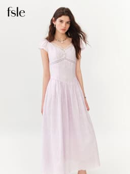 FSLE 2026 Summer Women's V-Neck Puff Sleeve Elegant Tea Dress Cut-Out Embroidered Flowy Midi French Coquette Romantic Style
