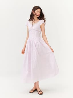 FSLE 2026 Summer Women's V-Neck Puff Sleeve Elegant Tea Dress Cut-Out Embroidered Flowy Midi French Coquette Romantic Style