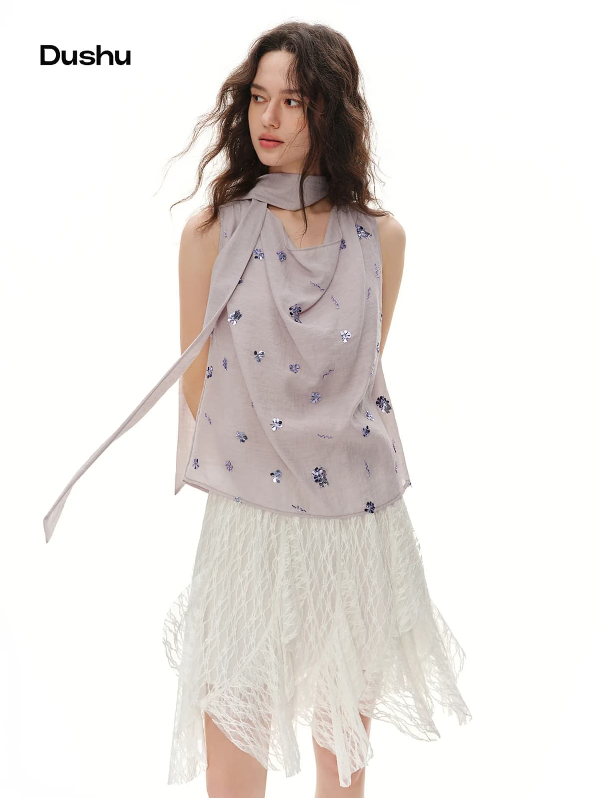 DUSHU 2026 Summer Women's Sequin Embroidered Cowl Neck Sleeveless Blouse with Draped Tie Detail - Effortless Relaxation Style
