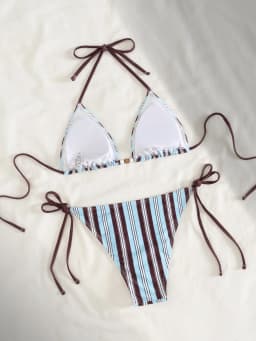 2026 New Color Blocked Striped Printed Triangle Tie Sexy Split Bikini Set Swimsuit Swimwear
