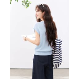 VIMLY Women's Casual Knit Short Sleeve T-shirt 2026 Summer New Blue Crew Neck Button Down Flutter Sleeve Minimalist Top 30935