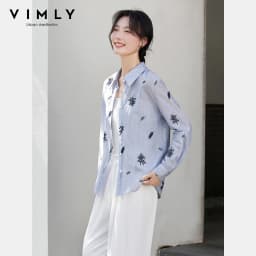 VIMLY Women's Blue Embroidery Shirt Casual 2026 Fall Clothes Striped Long Sleeve Polo Women Shirts Elegant Pure Cotton Top A3100