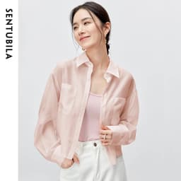 SENTUBILA Lyocell Women Shirt 2026 Spring Summer Lapel Neck Long Sleeve Crop Solid Pockets Lace-up Female Cozy Blouse 142C54323