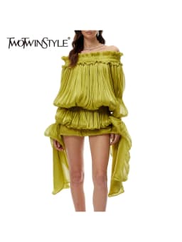 TWOTWINSTYLE Fashion Spliced Folds Glowing Yarn Dresses for Women Slash Neck Long Sleeves Patchwork Shorts Mini Dress Female New