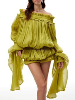 TWOTWINSTYLE Fashion Spliced Folds Glowing Yarn Dresses for Women Slash Neck Long Sleeves Patchwork Shorts Mini Dress Female New