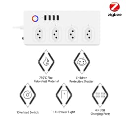 Brazil Smart Zigbee Power Strip, Tuya Zigbee Outlet With 4 Plugs and 4 USB Port, Individual Control,Works With Alexa Google Home