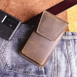 RIYAO Vintage Waist Belt Bag For Men Big Mobile Phone Bag Genuine Leather Thick Shell Cell Phone With Protect Case Pocket Holder
