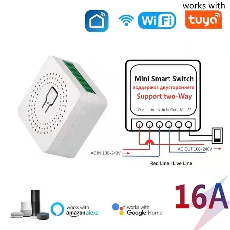 Works With Tuya APP 16A WiFi Smart Switch Module 2-way Control Mini Switch Breaker Smart Life Work With Alexa Google Alice