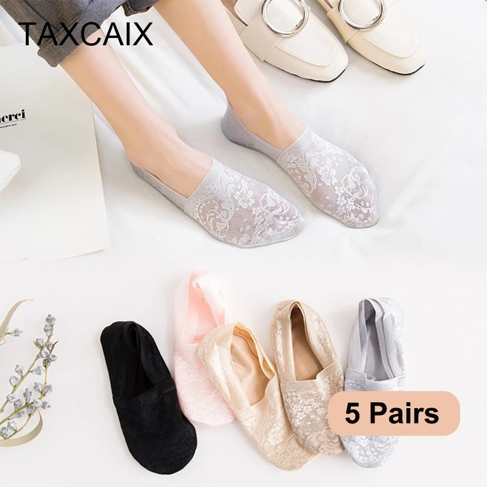 5 Pairs Fashion Women Girls Summer Socks Style Lace Flower Short Sock Antiskid Invisible Ankle Socks New 7 colors