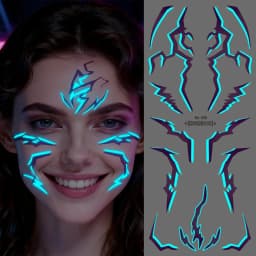 2pcs Glow in The Dark Kpop Gothic Women Face Temporary Tattoos -Cool Blue Purple Lightning & Vein Body Art Waterproof Tattoos